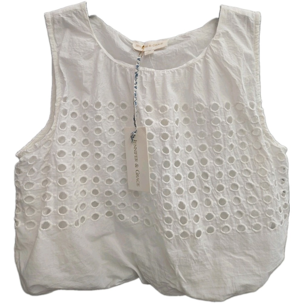 Jennifer & Grace M White 100% Cotton Eyelet Scoop Neck Sleeveless Blouse